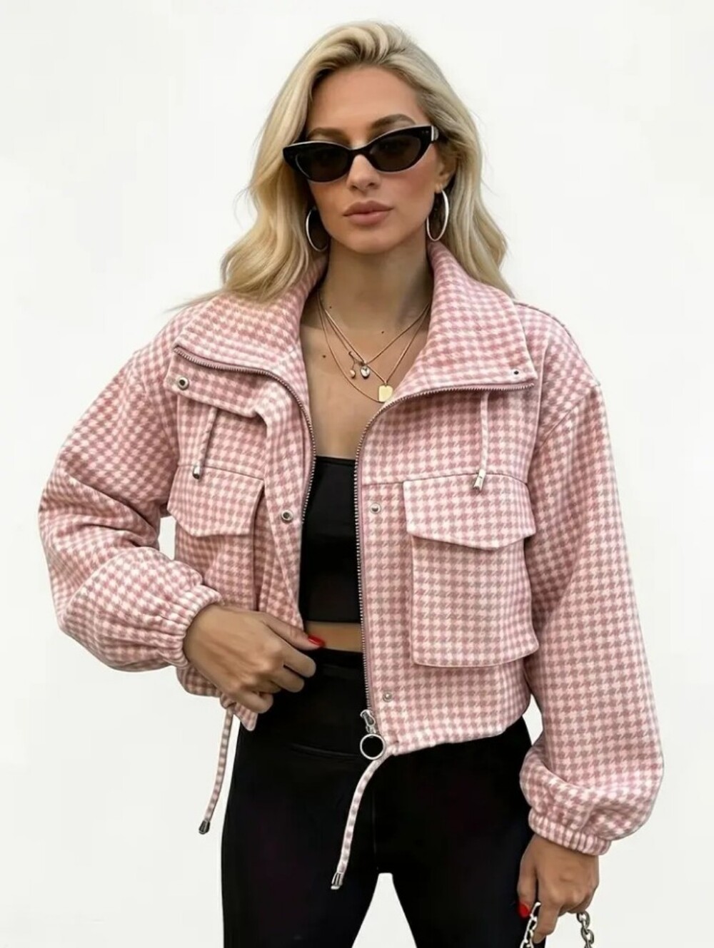 Short Drawstring Pocket Design Zip-up Jacket, Loose-fitting, Versatile - Picture 3 of 9